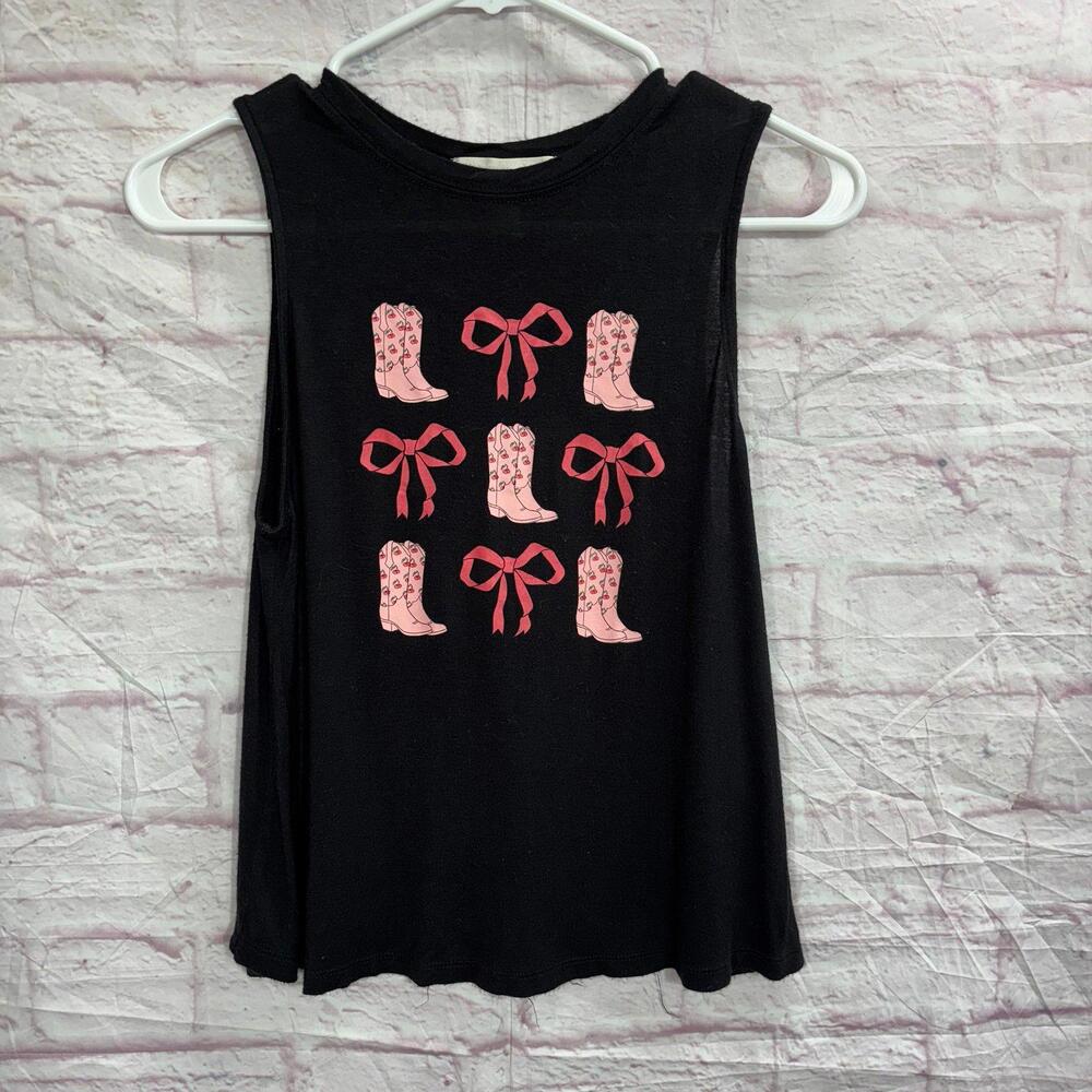 Obsessive Love Black Tank Top with Pink Boots and Bows Graphic XS